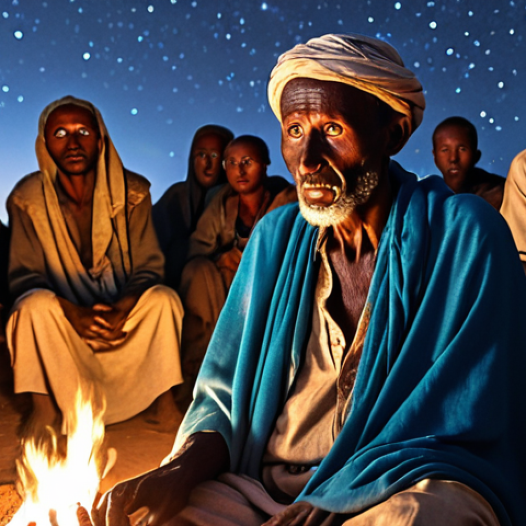 A Somali storyteller, an old man with sparkling eyes, passionately narrates the legend of Degeh, a legendary warrior, to an enraptured audience in a village near Hargeisa, under a starlit sky around a crackling fire.