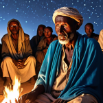 A Somali storyteller, an old man with sparkling eyes, passionately narrates the legend of Degeh, a legendary warrior, to an enraptured audience in a village near Hargeisa, under a starlit sky around a crackling fire.