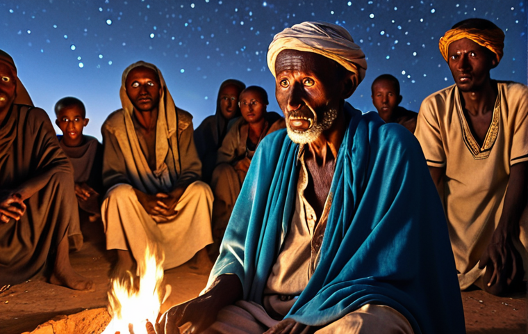 A Somali storyteller, an old man with sparkling eyes, passionately narrates the legend of Degeh, a legendary warrior, to an enraptured audience in a village near Hargeisa, under a starlit sky around a crackling fire.