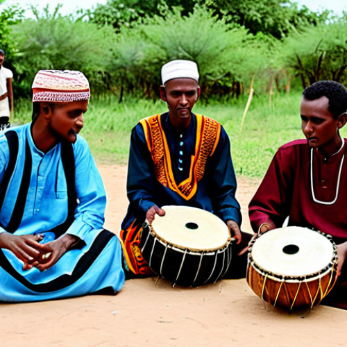 A group of skilled Somali male musicians performing traditional music. They are fully clothed in modest, culturally appropriate Somali attire, featuring rich fabrics and subtle patterns. One musician is gracefully playing a 'kaban' (Somali oud), another is intently playing a 'dur-dur' drum, and a third is poised with a 'rabab'. They are seated in a respectfully decorated community space, bathed in soft, inviting natural light, conveying deep cultural heritage. This image emphasizes authentic expression and musical mastery. Perfect anatomy, correct proportions, well-formed hands, proper finger count, natural body proportions, natural pose, safe for work, appropriate content, professional dress, family-friendly.