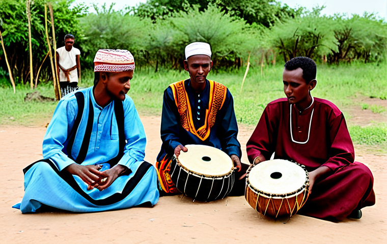 A group of skilled Somali male musicians performing traditional music. They are fully clothed in modest, culturally appropriate Somali attire, featuring rich fabrics and subtle patterns. One musician is gracefully playing a 'kaban' (Somali oud), another is intently playing a 'dur-dur' drum, and a third is poised with a 'rabab'. They are seated in a respectfully decorated community space, bathed in soft, inviting natural light, conveying deep cultural heritage. This image emphasizes authentic expression and musical mastery. Perfect anatomy, correct proportions, well-formed hands, proper finger count, natural body proportions, natural pose, safe for work, appropriate content, professional dress, family-friendly.