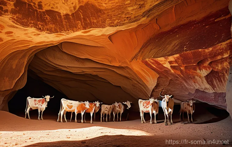 소말리아 고고학 연구 - **Prompt 1: Laas Geel Ancient Cave Art**
"A wide shot of a brightly lit cave interior in the sem...