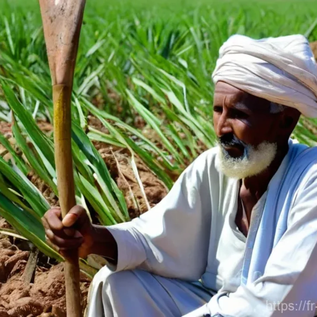 소말리아의 주요 농기구 - **Prompt:** A resilient Somali farmer, an elderly man in his 60s, is diligently working in an arid b...