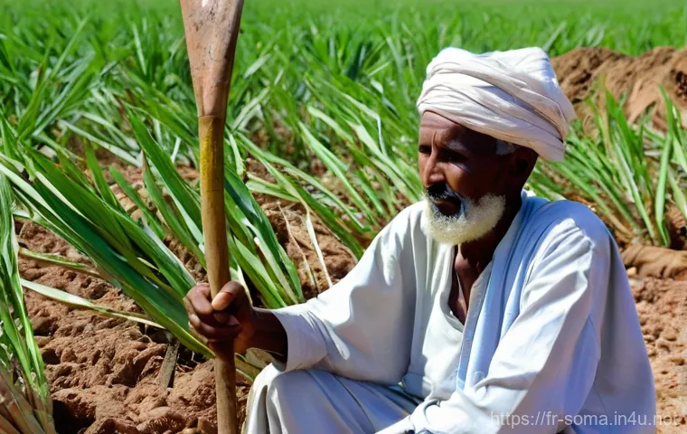 소말리아의 주요 농기구 - **Prompt:** A resilient Somali farmer, an elderly man in his 60s, is diligently working in an arid b...
