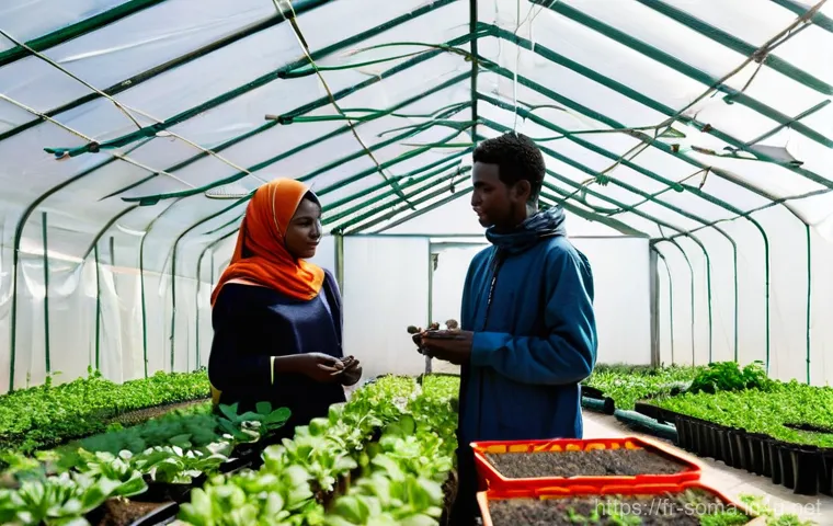 소말리아의 주요 농기구 - **Prompt:** A dynamic scene of water management in a rural Somali community. A group of men and wome...