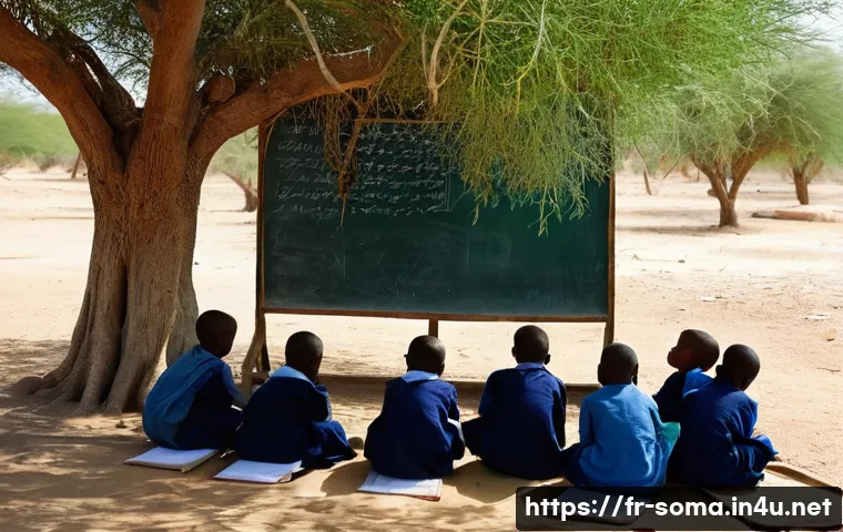 소말리아 아동 교육 - **Prompt:** A group of resilient Somali children, aged 7-14, are earnestly learning in a makeshift o...
