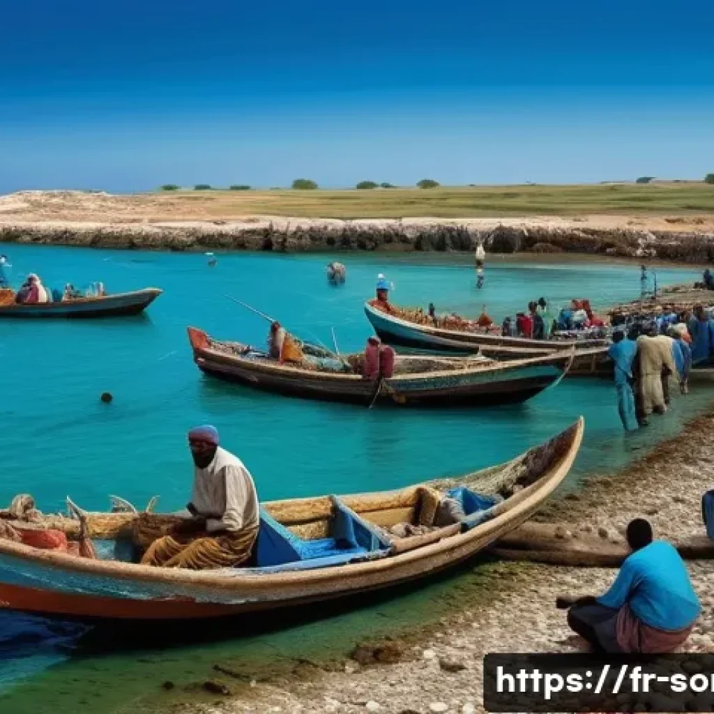 소말리아 해적 활동의 역사적 배경 - A detailed scene depicting Somali coastal fishermen in traditional attire with modest clothing, work...