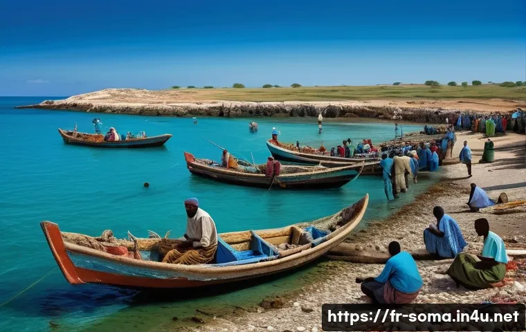 소말리아 해적 활동의 역사적 배경 - A detailed scene depicting Somali coastal fishermen in traditional attire with modest clothing, work...