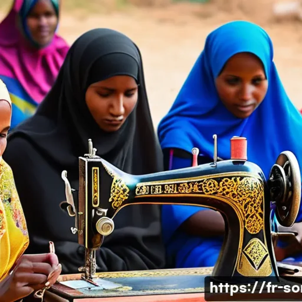 소말리아 여성 단체 - A vibrant community workshop scene in rural Somalia where women, dressed in colorful traditional att...