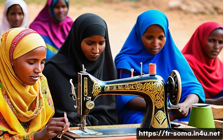 소말리아 여성 단체 - A vibrant community workshop scene in rural Somalia where women, dressed in colorful traditional att...