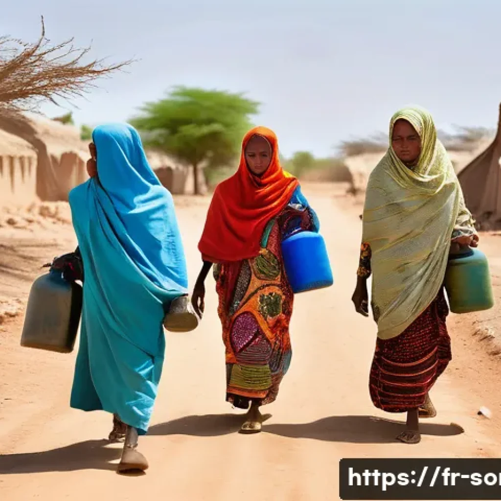 소말리아의 식수 문제 - A rural Somali village scene during a drought, showing dry cracked earth and a group of local women ...
