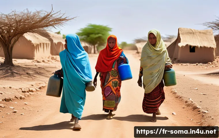 소말리아의 식수 문제 - A rural Somali village scene during a drought, showing dry cracked earth and a group of local women ...