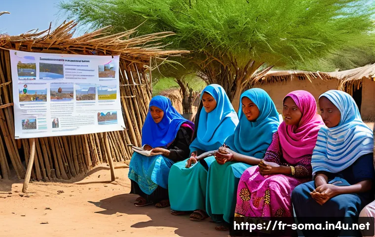 소말리아의 재난 대비 시스템 - A vibrant community training session in a rural Somali village, showing diverse villagers including ...