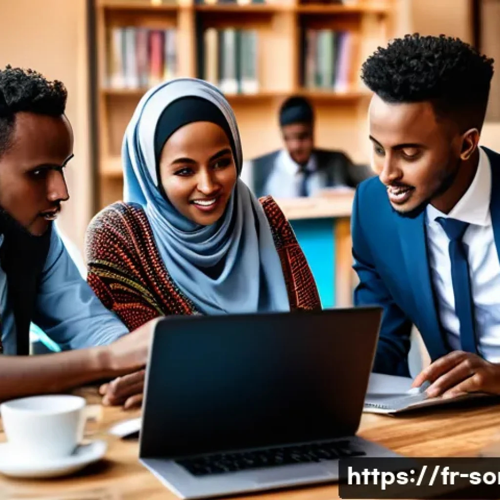 소말리아의 젊은 정치인 - A diverse group of young Somali political leaders in a modern urban setting, engaged in a lively dis...