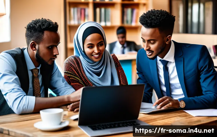 소말리아의 젊은 정치인 - A diverse group of young Somali political leaders in a modern urban setting, engaged in a lively dis...