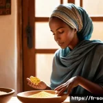 Home 22 소말리아 전통 미용법 - A serene scene of a Somali woman with glowing, radiant skin applying a gentle fenugreek and rosewate...