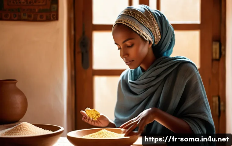 소말리아 전통 미용법 - A serene scene of a Somali woman with glowing, radiant skin applying a gentle fenugreek and rosewate...