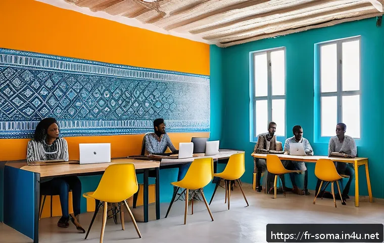 소말리아의 청소년 활동 - A vibrant co-working space in Mogadishu filled with young Somali entrepreneurs collaborating on tech...
