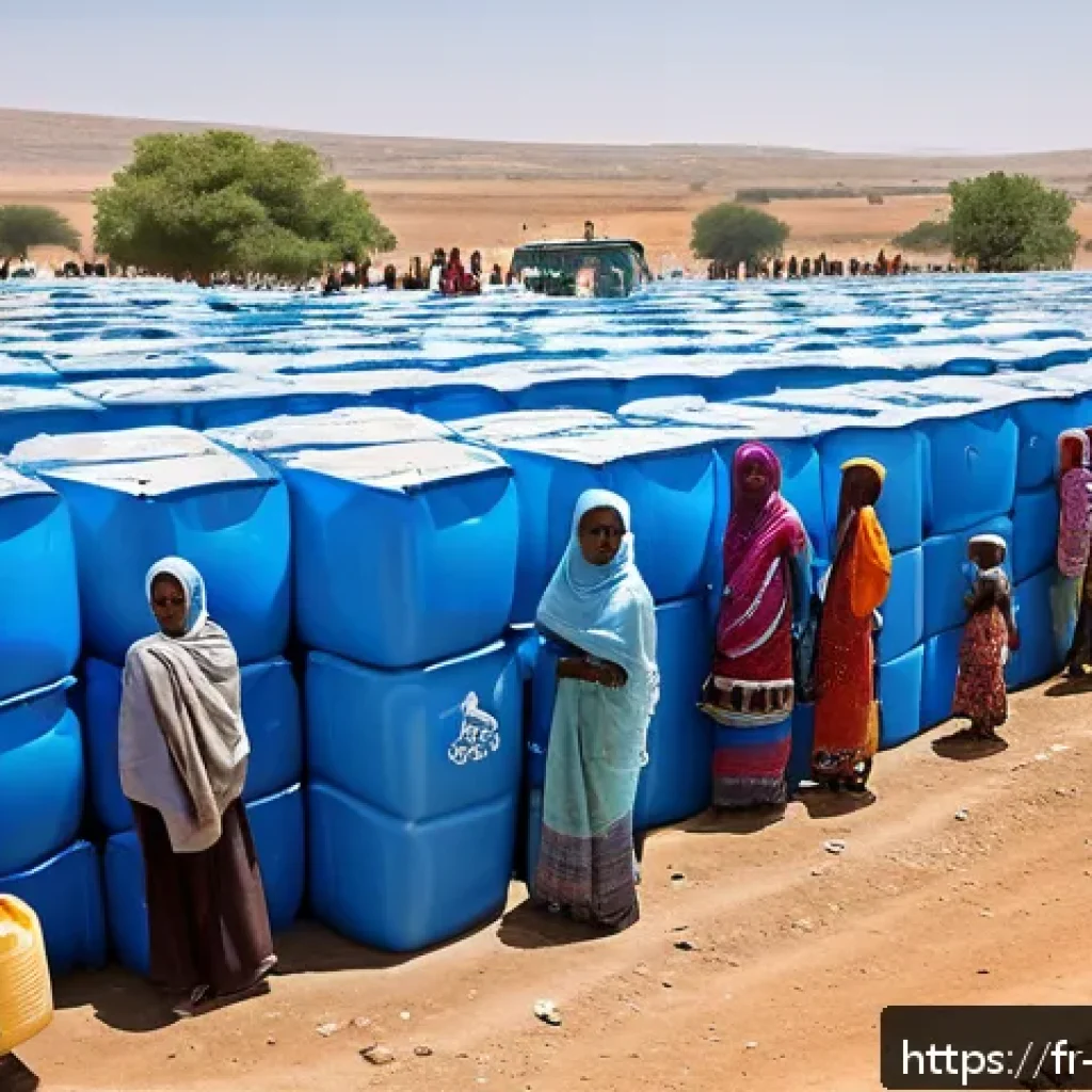 소말리아 난민 문제 - A detailed scene of a Somali refugee camp during daytime, showing rows of simple tents and temporary...