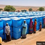 Home 20 소말리아 난민 문제 - A detailed scene of a Somali refugee camp during daytime, showing rows of simple tents and temporary...