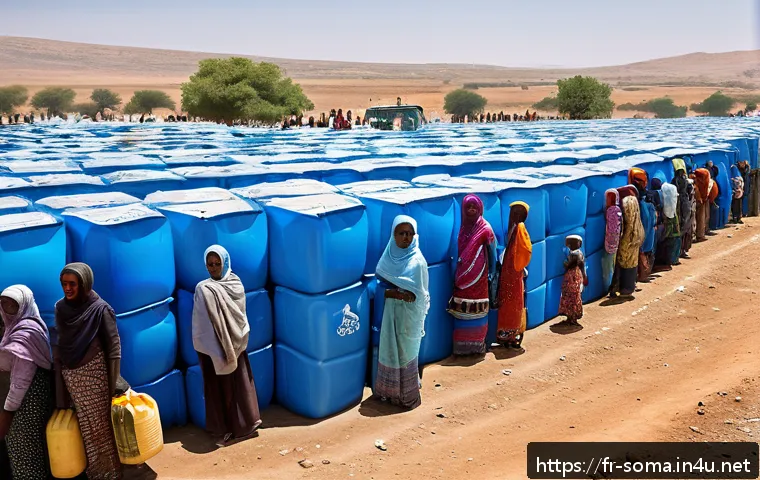 소말리아 난민 문제 - A detailed scene of a Somali refugee camp during daytime, showing rows of simple tents and temporary...