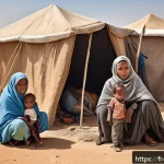 Home 19 소말리아에서의 인권 문제 - A detailed scene depicting a Somali displaced family in a dusty refugee camp setting, wearing modest...