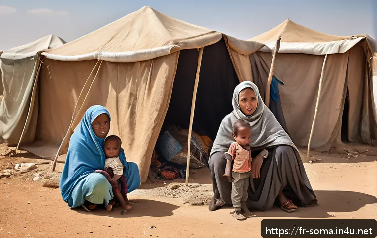 소말리아에서의 인권 문제 - A detailed scene depicting a Somali displaced family in a dusty refugee camp setting, wearing modest...