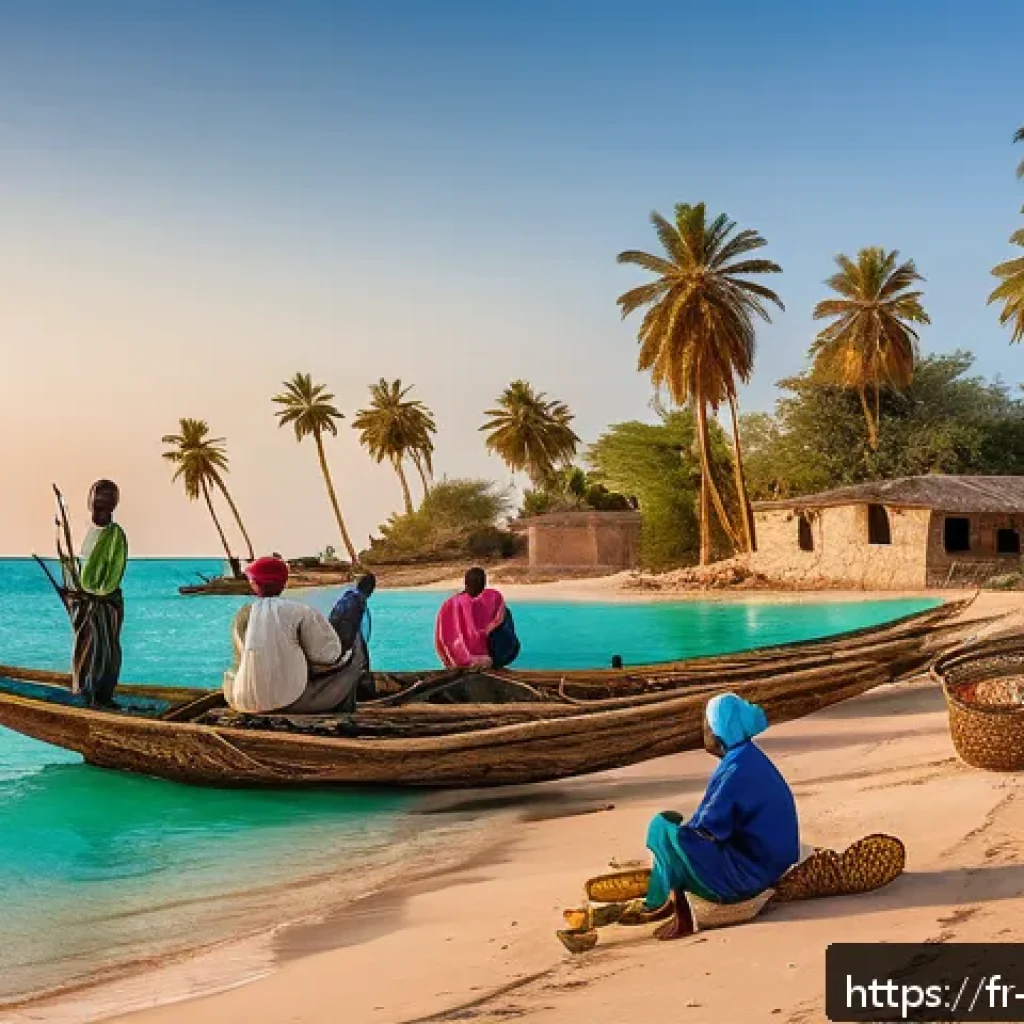 소말리아의 어업 현황 - A vibrant Somali coastal fishing village at sunrise, showcasing local fishermen in traditional cloth...