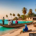 Home 18 소말리아의 어업 현황 - A vibrant Somali coastal fishing village at sunrise, showcasing local fishermen in traditional cloth...