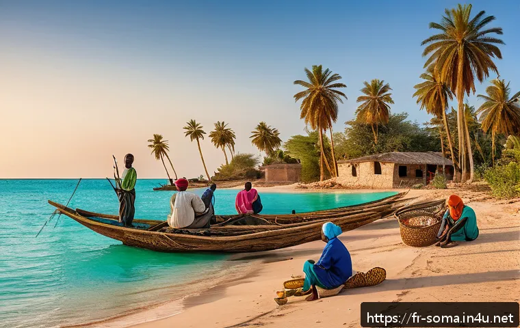 소말리아의 어업 현황 - A vibrant Somali coastal fishing village at sunrise, showcasing local fishermen in traditional cloth...