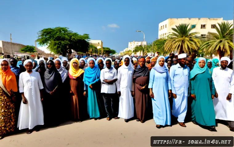 소말리아 주요 시위와 저항 운동 - Photorealistic peaceful civic demonstration in Mogadishu, Somalia, diverse Somali adults and elders ...